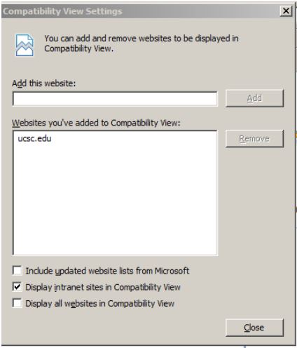 screenshot of internet explorer 11 compatability view settings