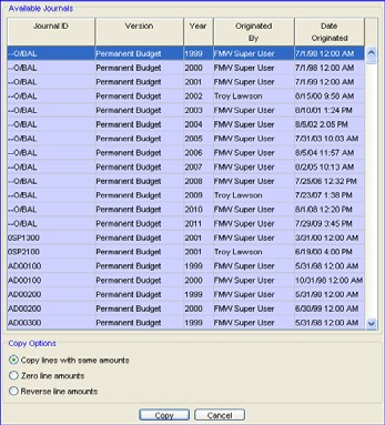 screenshot of fmw, available journals screen