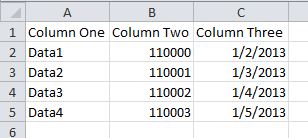 Screenshot of example data in an excel file for import to InfoView