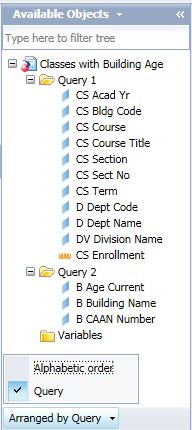 Screenshot of InfoView Available Objects for multiple query example showing objects by query