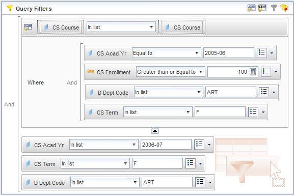 Screenshot of InfoView showing full query filters with a subquery