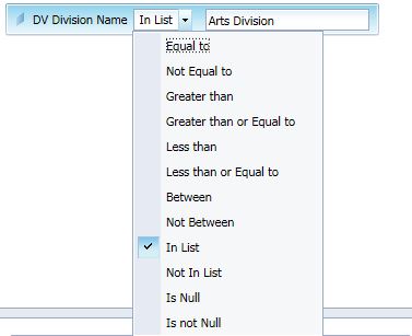 Screenshot of InfoView list of filter operators
