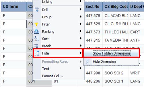 Screenshot of InfoView menus showing how to unhide dementions