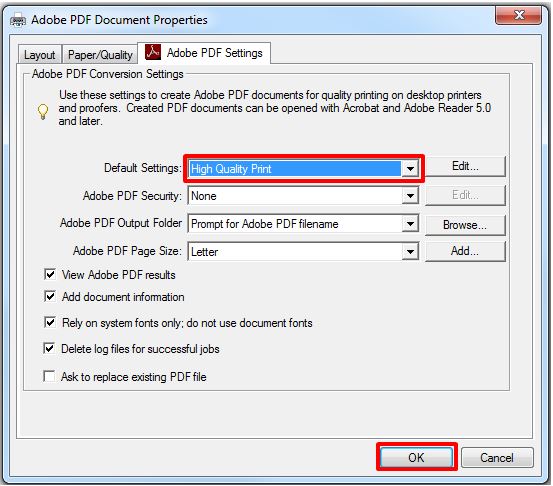 Screenshot of MS Word Adobe PDF printer properties