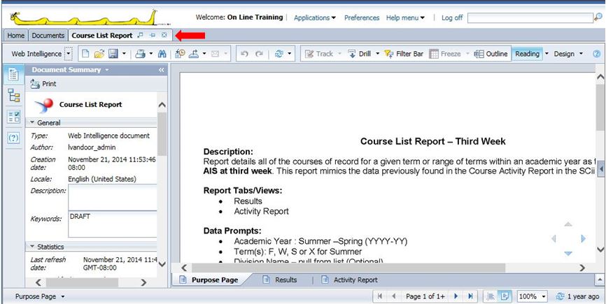 screenshot of InfoView showing how a report opens in a new tab
