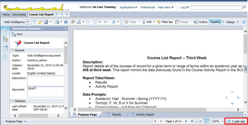 screenshot of InfoView report with the refresh button marked