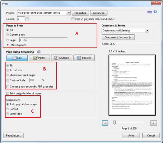 Screenshot of Adobe PDF Reader printing dialog box