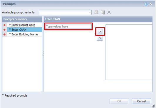 Screenshot of InfoView prompts pop-up panel manual value entry