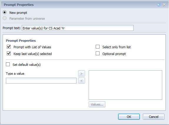 Screenshot of InfoView prompt options window
