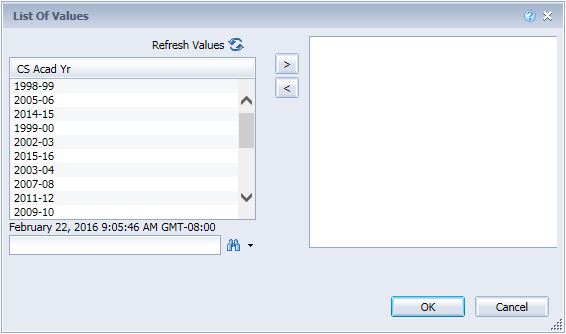 Screenshot of InfoView Query Panel filter list of values pop-up