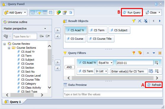 Screenshot of InfoView query panel showing location of the preview and run buttons