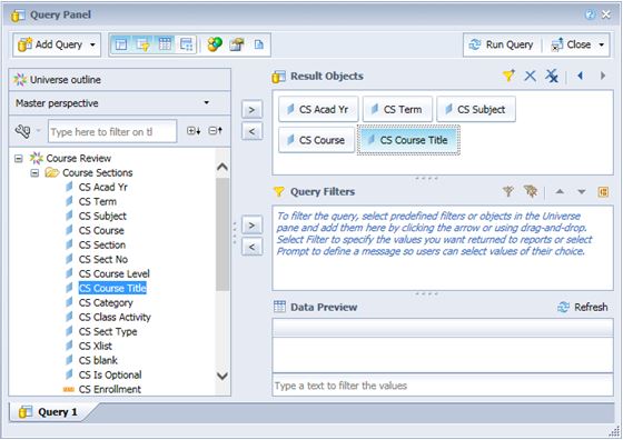 Screenshot of InfoView result objects selection in the query panel